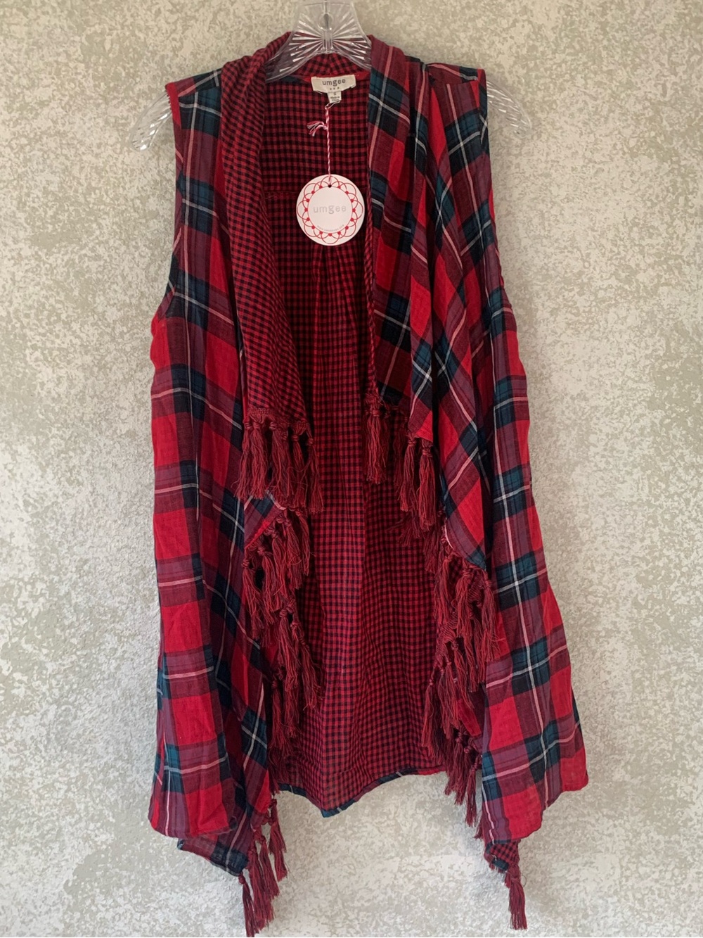 Umgee Womens Red Plaid Gingham Fringe Open Front Waterfall Vest Small A4454